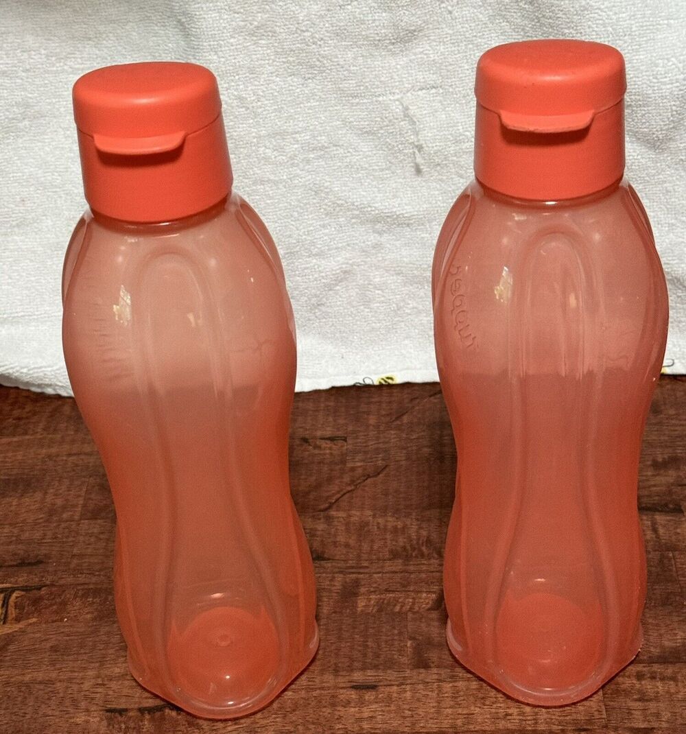 Two Tupperware 'eco' Water Bottle 25 Oz-750ml Salmon & Melon With Flip Top Cap
